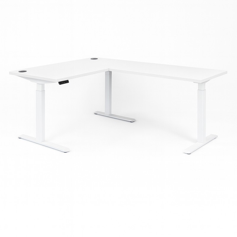 Vista frontal de la Mesa de escritorio elevable en ángulo PRISMA en blanco ángulo izquierdo